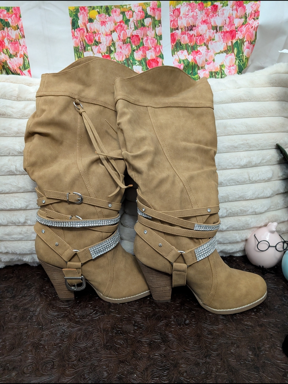 Not Rated Tan Suede Mid-Calf Heeled Boots with Rhinestone Strap Detail